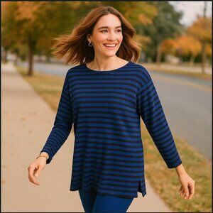 VTG Bechamel Women Medium Blue Black Striped Long Sleeve Sweater Preppy 90s